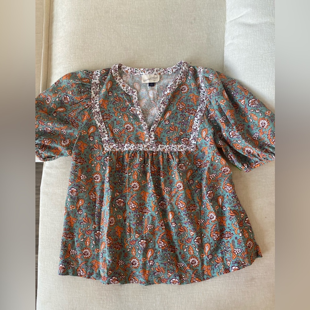 Universal Thread Teal and Orange Puff Short Sleeve Floral Blouse Size Small